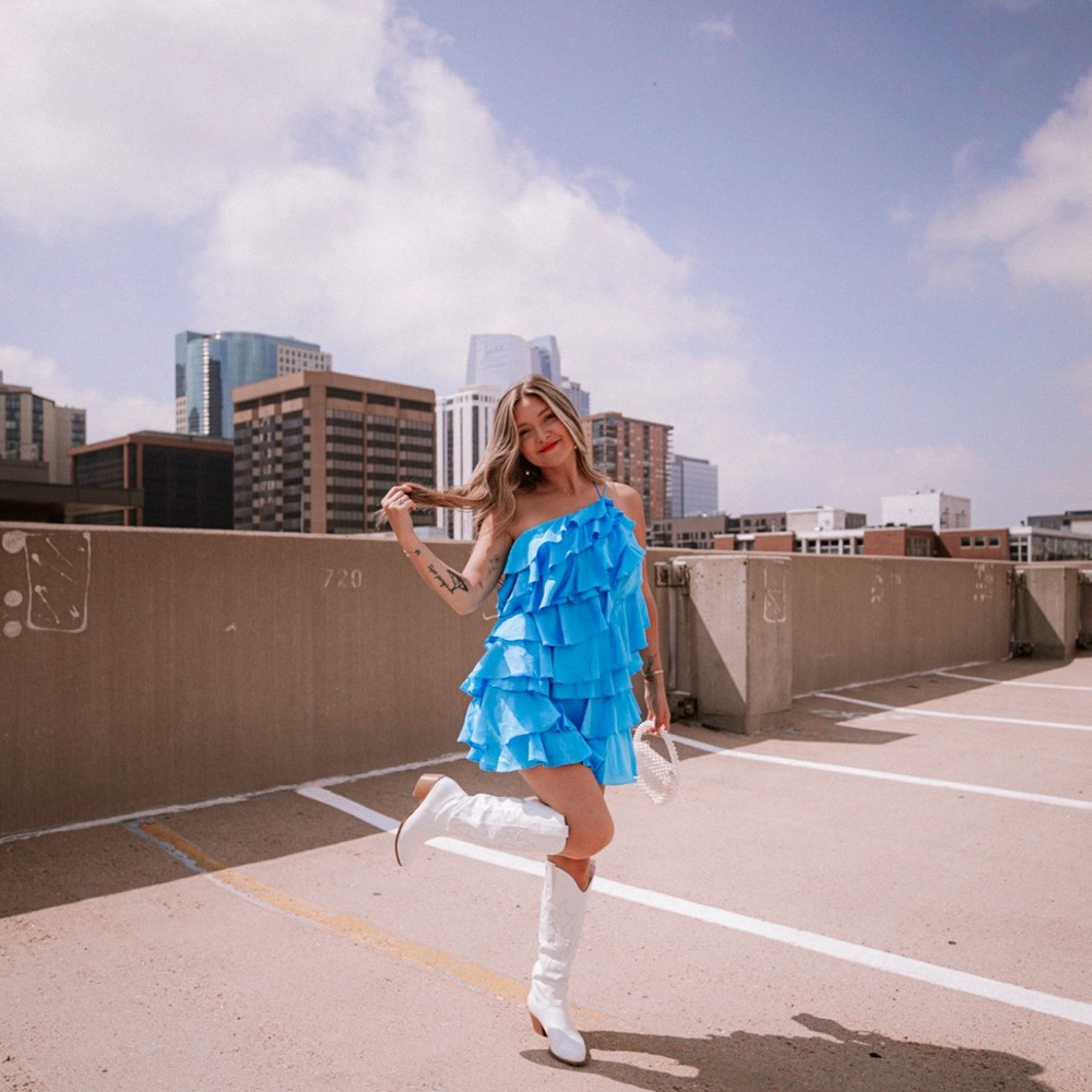 Petal & Pup ruffles tiered mini dress in blue.